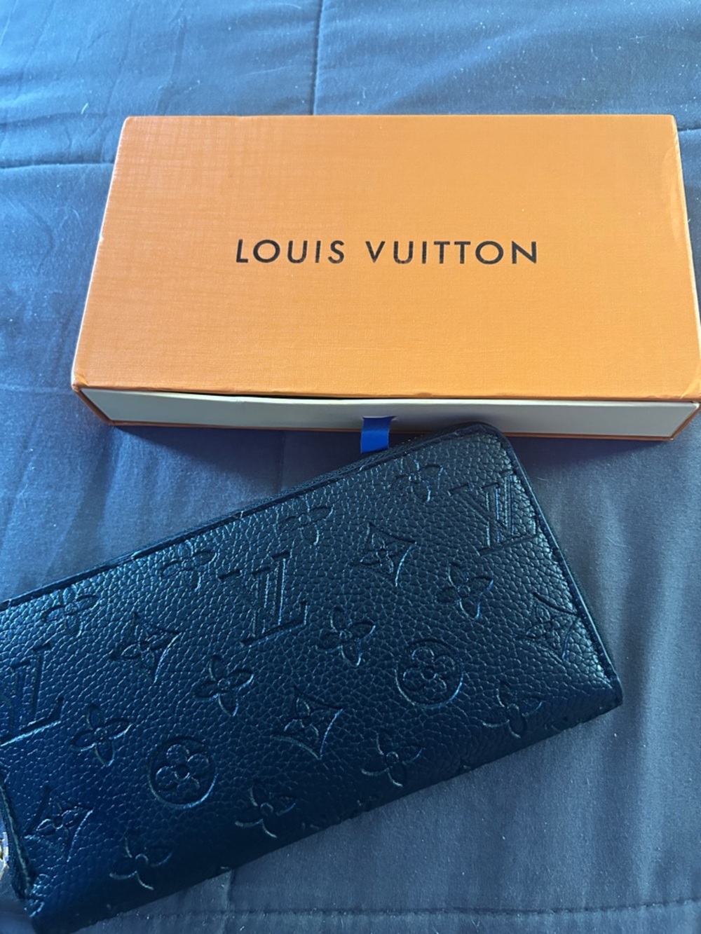 Louis Vuitton Black Embossed Monogram Zip Wallet with Gold Accent includes box